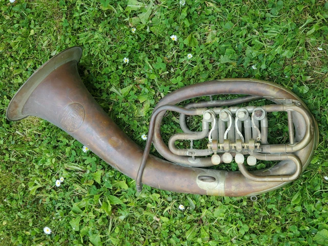 Nice old  baritone, rotary valves"Lukavec" w garland, needs polish! big bell