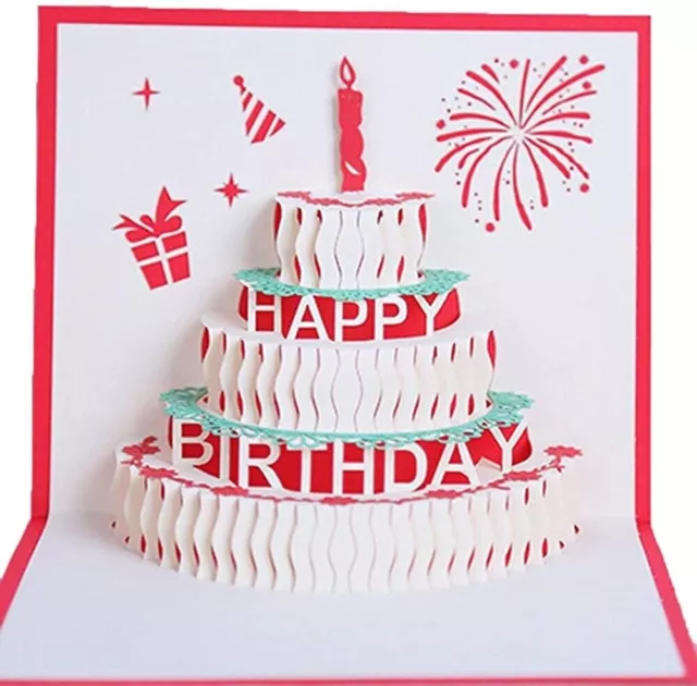 Tarjeta de pastel emergente 3D de feliz cumpleaños. Adecuado para todos. Tarjeta roja con vela roja. 2