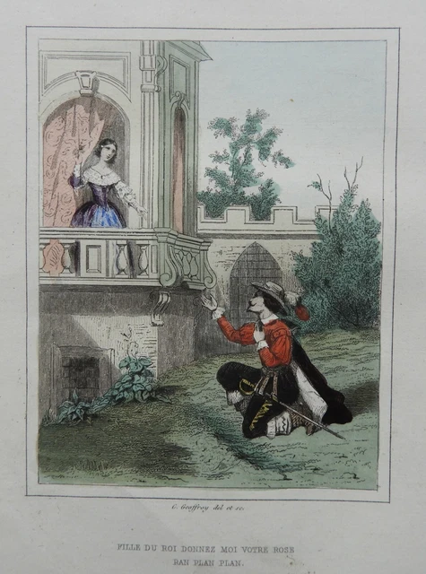 * Gravure ancienne XIXè  * Couleurs * Rondes enfantines, " Fille du Roi ..."