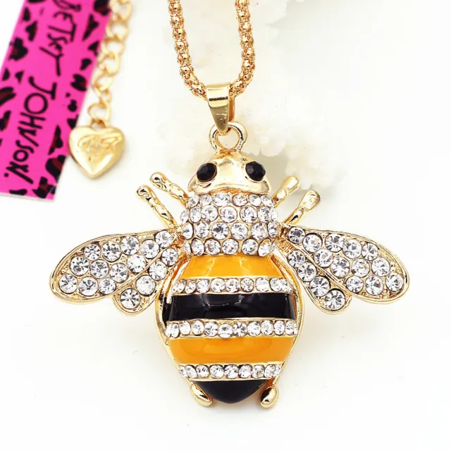 Cute Bee Honeybee Crystal Enamel Pendant Sweater Chain Betsey Johnson Necklace