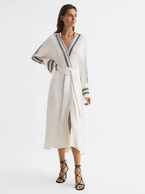 Reiss Womens NYLA SIDE STRIPE TIE FRONT MIDI IVORY DRESS UK Size 6-14