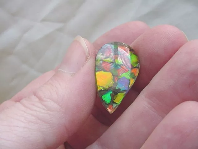 J-485 Orange Green mosaic teardrop Ammolite fossil shell loose cabochon