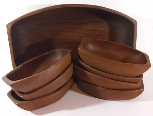 Vintage Hand-Carved WOODEN SALAD BOWL SET Large 15" Serving + 7 Bowls Boat Shape