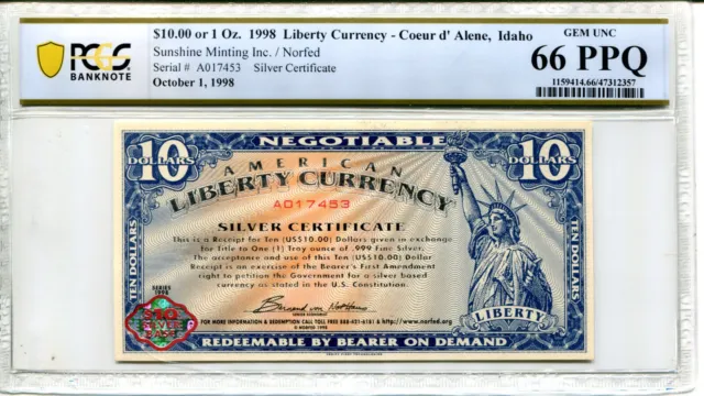 AMERICAN LIBERTY DOLLAR $10 Silver Certificate 1998 PCGS GEM 66 PPQ * AvenueCoin