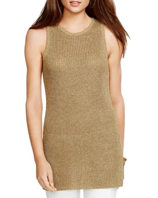 Ralph Lauren Women's Sleeveless Metallic Gold Knit Tunic Sweater Top Size Small
