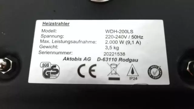 Aktobis WDH-200LS Decken-Heizstrahler, Balkonheizer, Zeltheizer 2000W 3