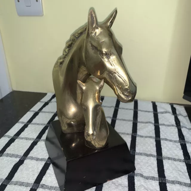 horse & Foal Ornament, Figurine, Brass,on Wooden Plinth. Good  Equine Present.