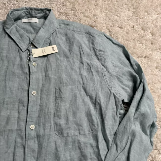 Uniqlo Shirt Mens Large Green Solid 100% Linen Button Up Long Sleeve Adult 3