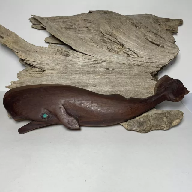 Hand Carved Wooden Whale Moby Dick Figurine Nautical Art Wall Decor 17.5” Long