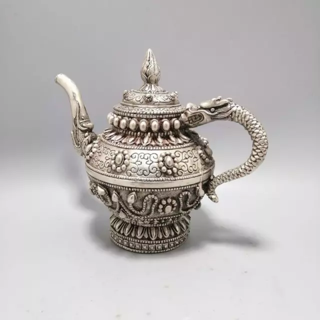 13*14cm Antique Chinese Copper Silvering Inlay Pearl Dragon Head Statue Teapot 2