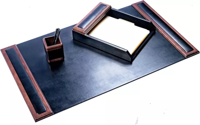 Dacasso Walnut and Black Leather Desk Set, 3-Piece Set - NIB