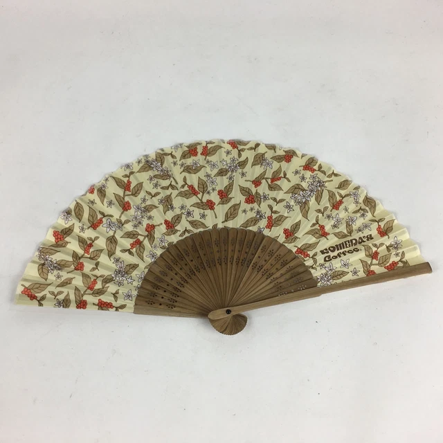 Japanese Folding Fan Vtg Sensu Yellow Fabric Bamboo Frame Komeda Coffee 4D545