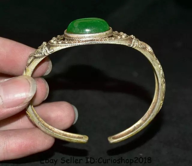 2.6" Old Chinese Silver Inlay Green Jade Dynasty Dragon bracelet bangle jewelry