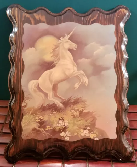 Vintage 1970s Unicorn Decoupage Wooden Plaque 13"x10"