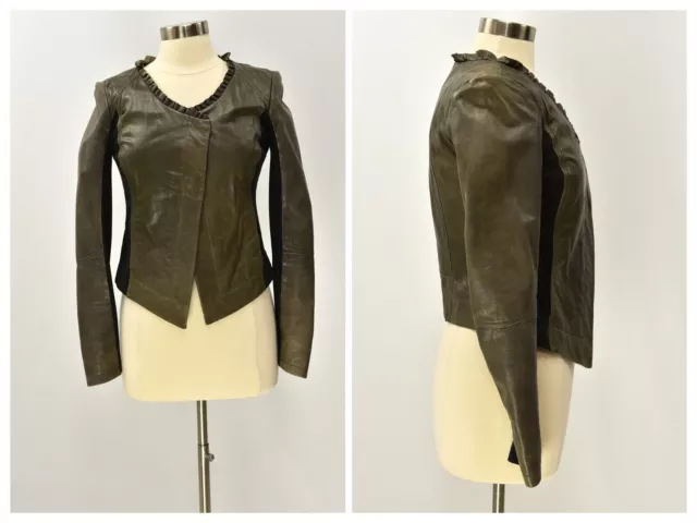 Womens S Hinge Brown Distressed Leather Jacket Ruffled Neckline