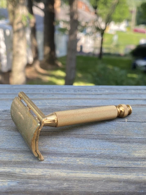 Vtg Gillette 1954 Thin Handle Ball End Gold Tone Tech DE Safety Razor Z-4 Nice