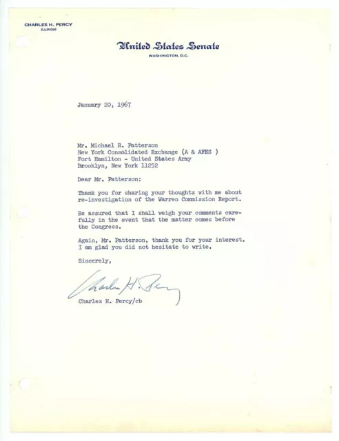 U.S. SENATOR CHARLES PERCY signed 1967 TLS letter WARREN COMMISSION JFK