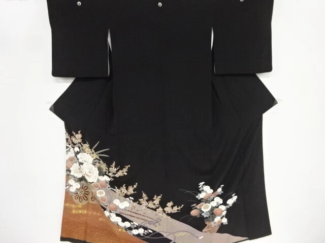 81768# Japanese Kimono / Antique Tomesode / Embroidery / Floral Cart