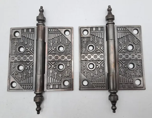 Pair Antique Ornate Eastlake Victorian Steeple Top Hinges 4"x 4" Hardware