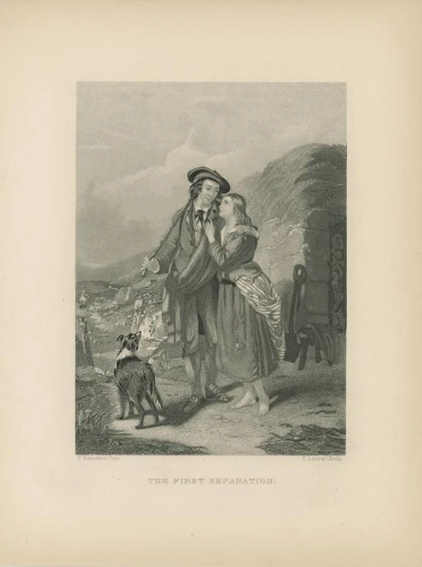 ANTIQUE SORROW MOURNING Man Dog Woman Goodbye Thatched House Cottage