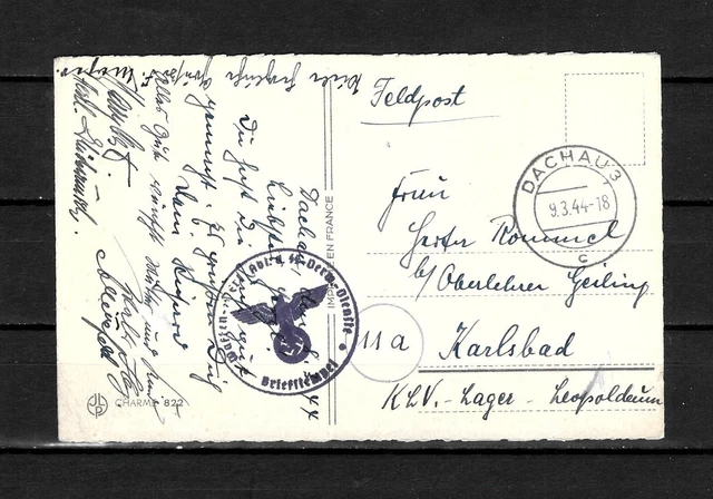 DR Germany KONZ. LAGER DACHAU FELDPOST DOGS litho postcard 9/3/1944 KARLSBAD K L