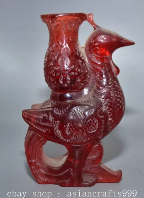 7.2" Old Chinese Amber Carved Fengshui Phoenix Zun Cup Statue Sculpture