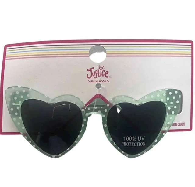 Justice Sunglasses Girls Heart Shape Green White Polka Dot Cat Shades New