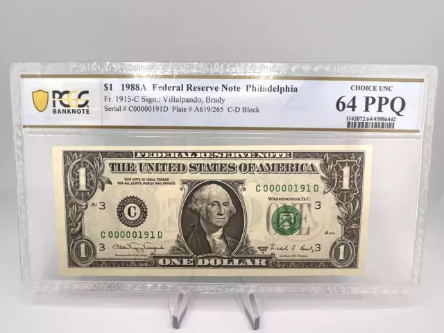 PCGS $1 1988A Philadelphia Federal Reserve Note Choice UNC 64PPQ. LOW SERIAL.