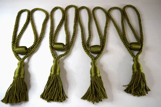 Vintage Green Braided Drapery Cords 2 Pair Tassels Curtain Tie Backs Lot of 4