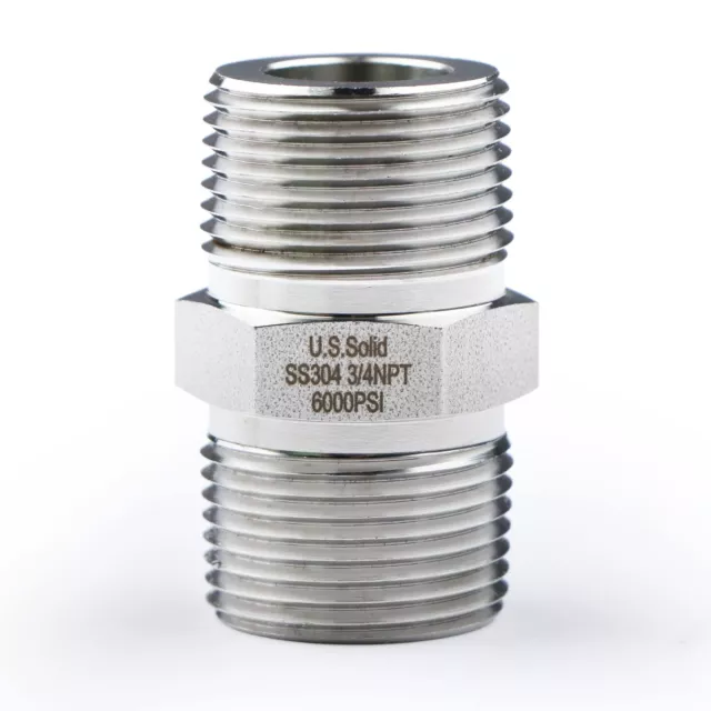 U.S. Solid 304 Stainless Steel Fitting Hex Nipple, NPT 3/4" Male x 3/4" Male