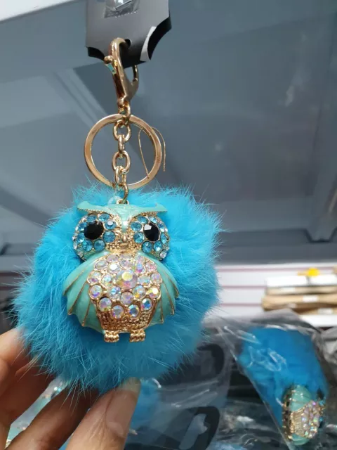 SOFT FLUFFY POM POM KEYRING BLUE OWL HANDBAG CHARM Heavy Quality Crystal