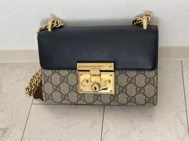 GUCCI GG Supreme Canvas Padlock Small Shoulder Bag Beige×Black Leather 409487