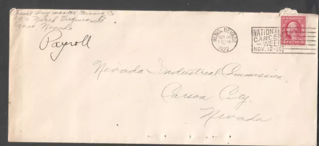 1922 cover Fravel Paymaster Mining Company Reno Nevada to Carson City NV