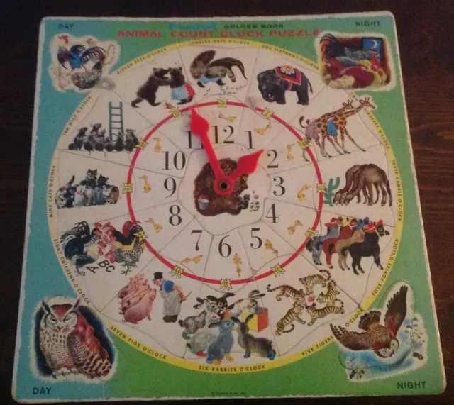 Vintage Playskool Animal Count Clock Puzzle Golden Book-Very Good Condition