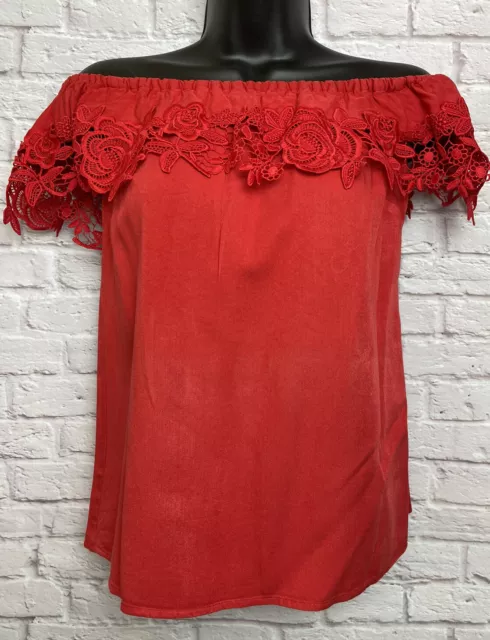 OASIS 8/XS Vgc Red Crotchet/Lace Trim RETRO Bardot Top