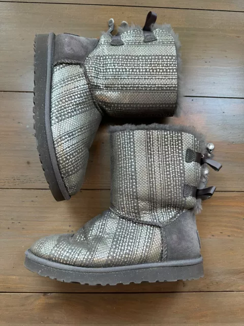 UGG Australia Bailey Bow Black & Silver Bling Boots 1004791 Size 8 Bling Charms