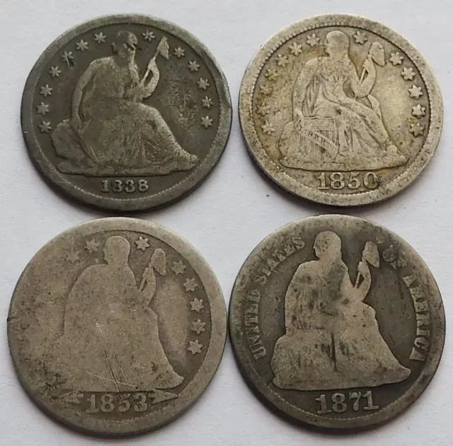 Lot of 4 Seated Liberty Silver Dimes 1838, 1850, 1853 (arrows), 1871-S, Four 10C