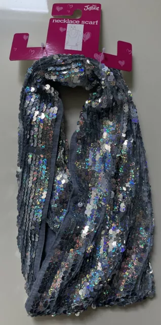 NWT Justice Girl's Grey & Silver Holographic Sequin Necklace Scarf One Size