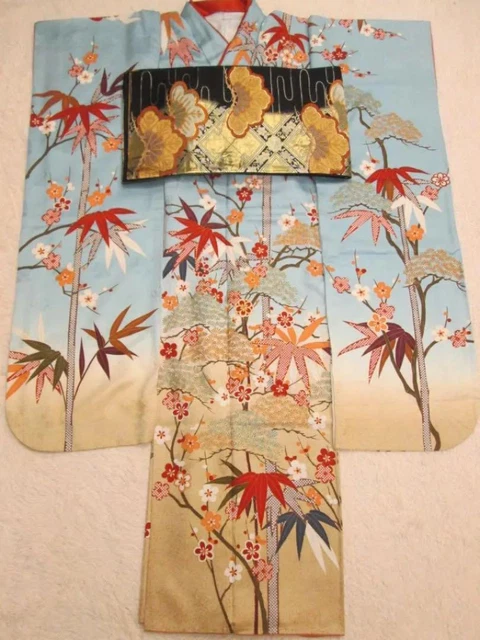 Kimono & Obi set pine bamboo plum long sleeves Japanese furisode belt #1
