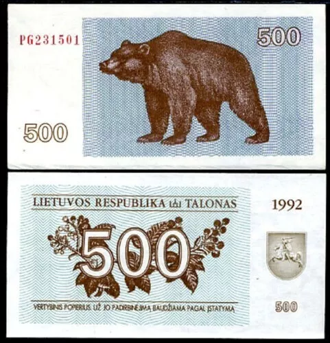 Banknote - 1992 Lithuania, 500 Talonai, P44 UNC, Bear