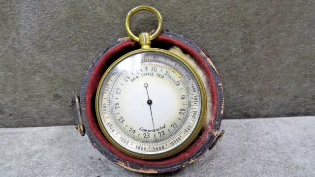 Antique Barometer In Half Worn Leather Case
