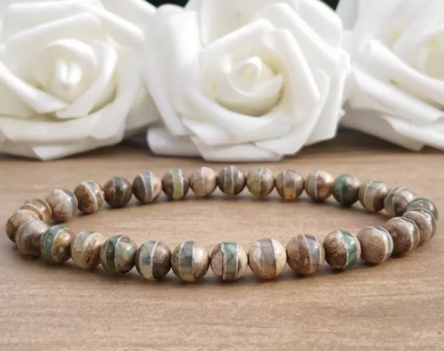 Tibetan Dzi Style Beaded Agate Bracelet, 8mm Rustic Stone Stretchy Bead Bracelet