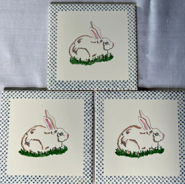 3 INCEPA Ceramic Pottery Tiles Brazil Bunny Rabbit Spring Easter Themed Bordered