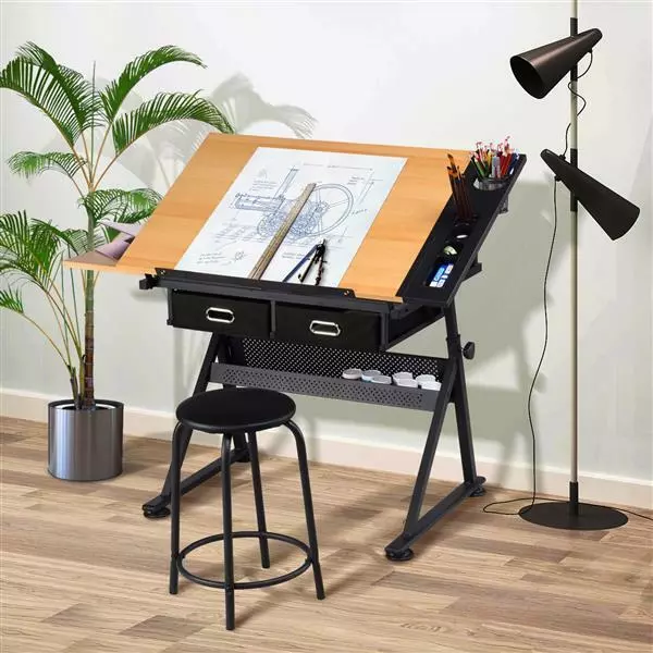 Adjustable Drafting Table Art Craft Drawing Desk w/Stool Architect Desk w/Drawer