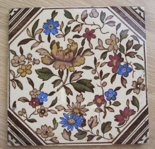 Antique Ceramic Tile Old Vintage Floral Flowers Leaf Art Red Brown Blue