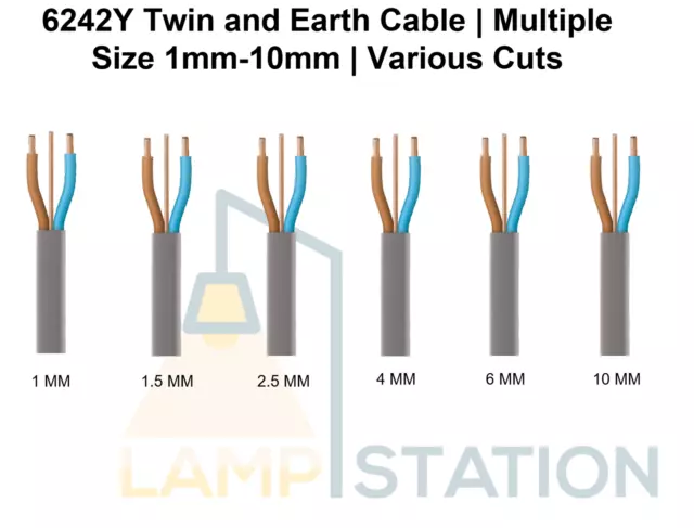 6242Y Twin & Earth Cable Various Size 1mm - 10mm Electric Wiring Flat Grey Light