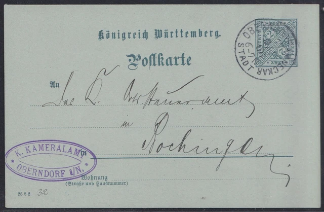 56190) OBERNDORF AM NECKAR 1906 Ganzsache Postkarte Kameralamt Rochingen