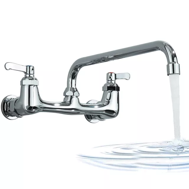 Chrome Brass Kitchen Sink Faucet Wall Mount 12" Swivel Spout Dual Lever Handles