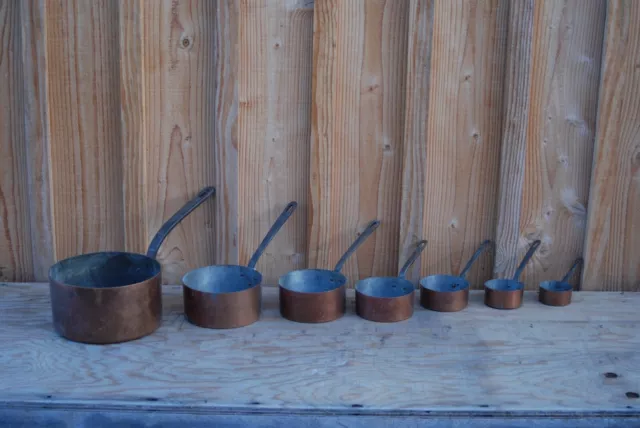 Lot De 7 Casseroles Anciennes En Cuivre Étamées / Vintage