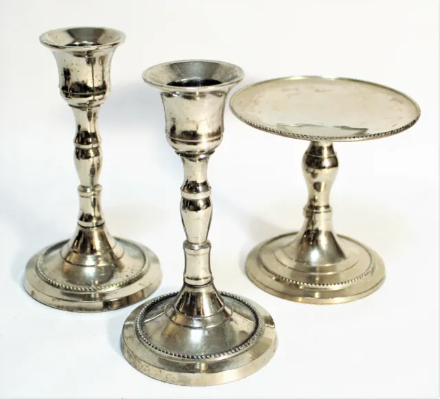 Vintage Candle Holders Pillar Taper Gloss Silver Metal  Set 3